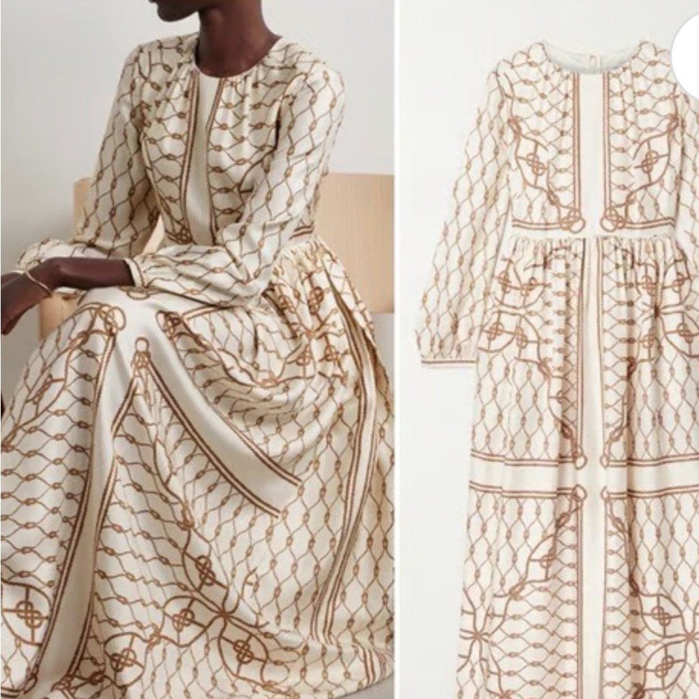 Tory Burch Elegant Cream and Brown Embroidered Maxi Dress